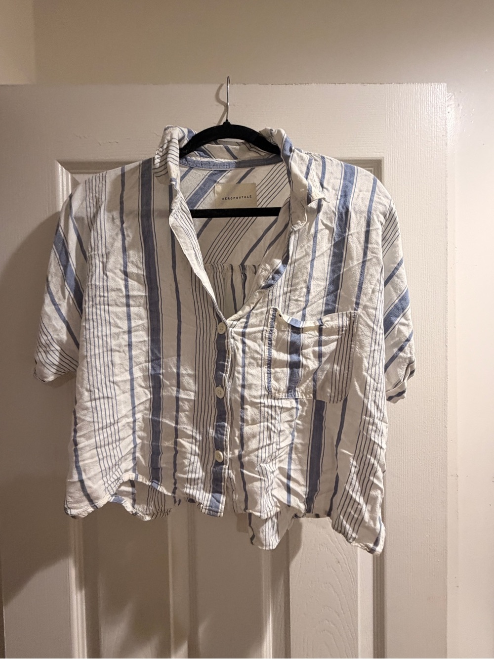 Aeropostale White and Light Blue Striped Button-Front Shirt